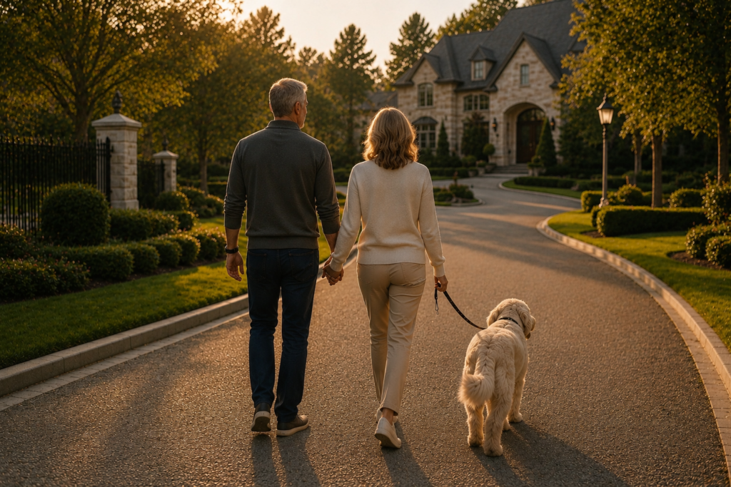An older couple walking on their pathway towards their beautiful house hand in hand.