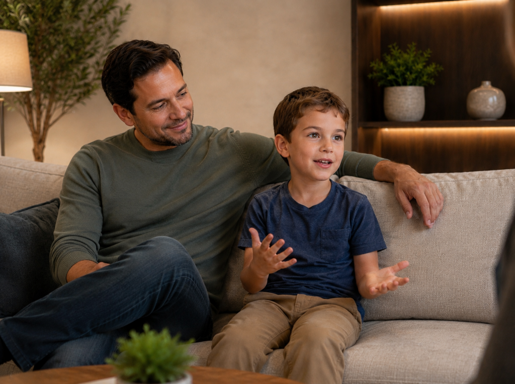 Father and son sitting on a sofa, with the son looking excited about something positive.